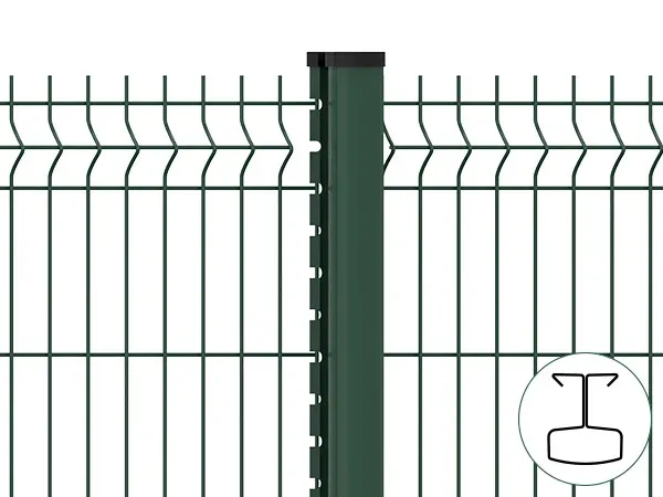 Channel-shaped fence post joined to two profiled mesh panels