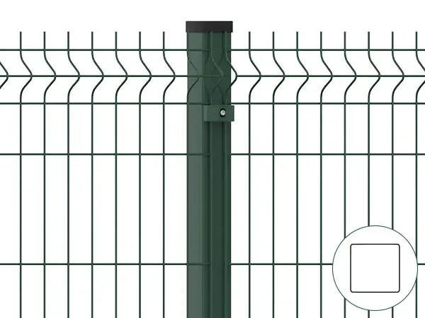 Square fence post supporting green welded mesh panels