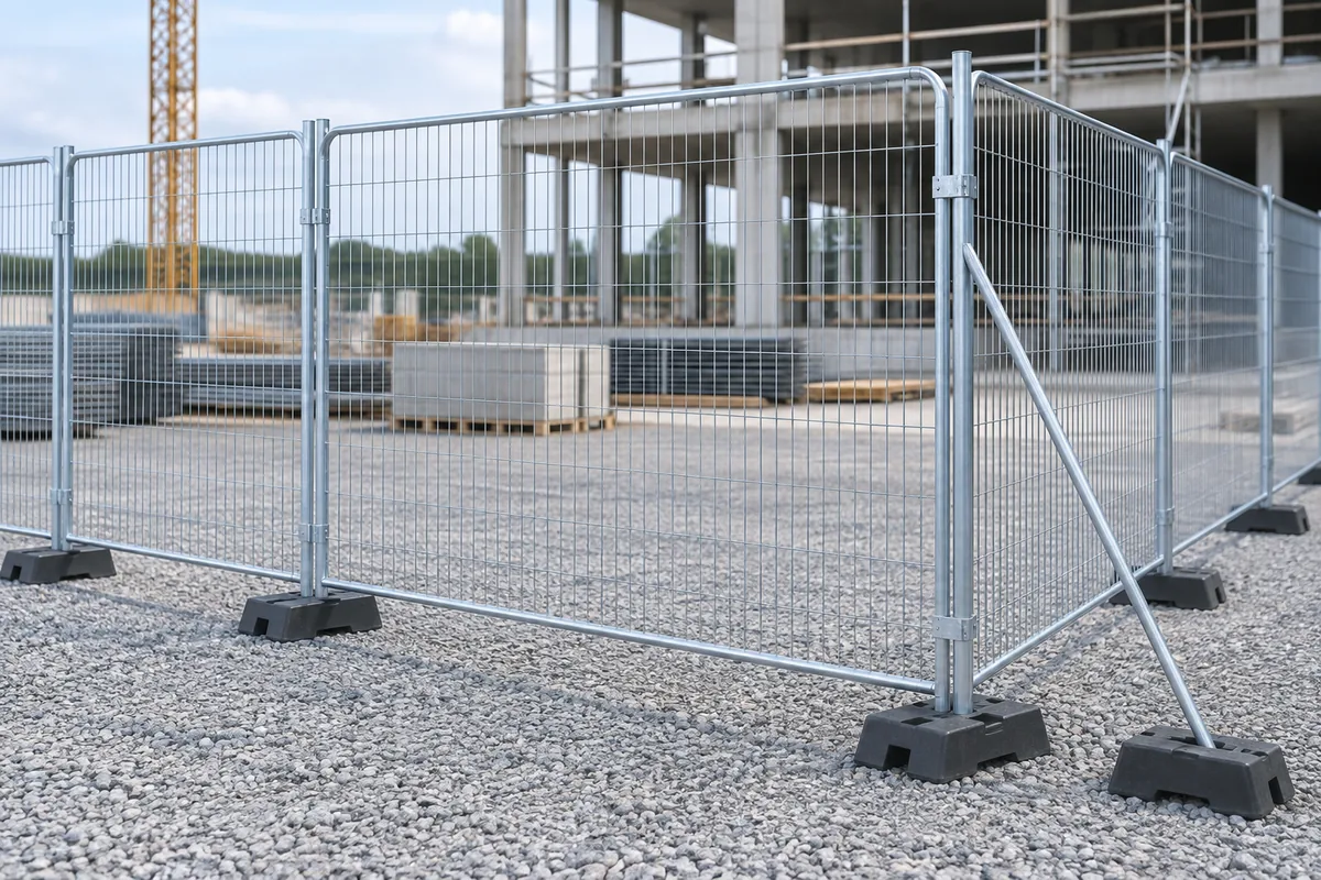 Portable temporary welded mesh fence panels on weighted feet